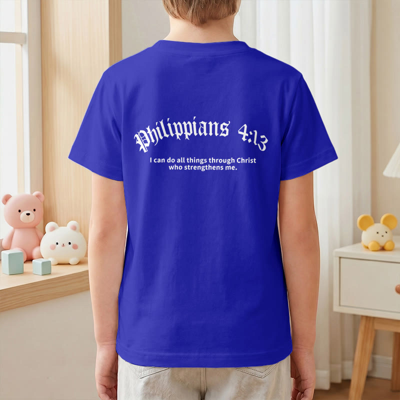 Christianartworkshop Philippians 4:13 Front Chest Cross Back Gothic Font Scripture Kids Short Sleeve T-Shirt - image 88