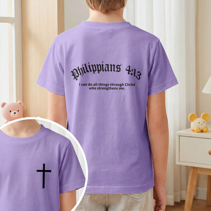 Christianartworkshop Philippians 4:13 Front Chest Cross Back Gothic Font Scripture Kids Short Sleeve T-Shirt - image 46