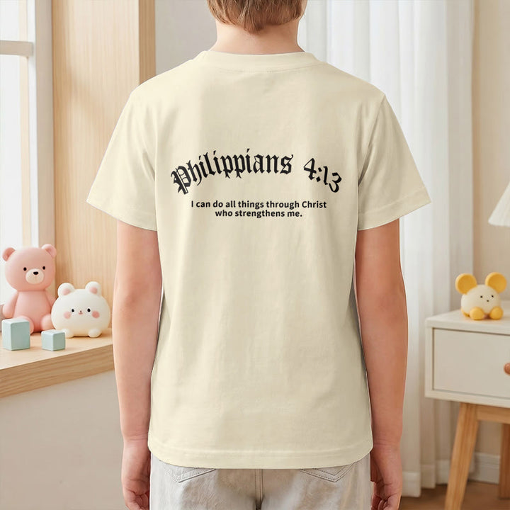 Christianartworkshop Philippians 4:13 Front Chest Cross Back Gothic Font Scripture Kids Short Sleeve T-Shirt - image 7