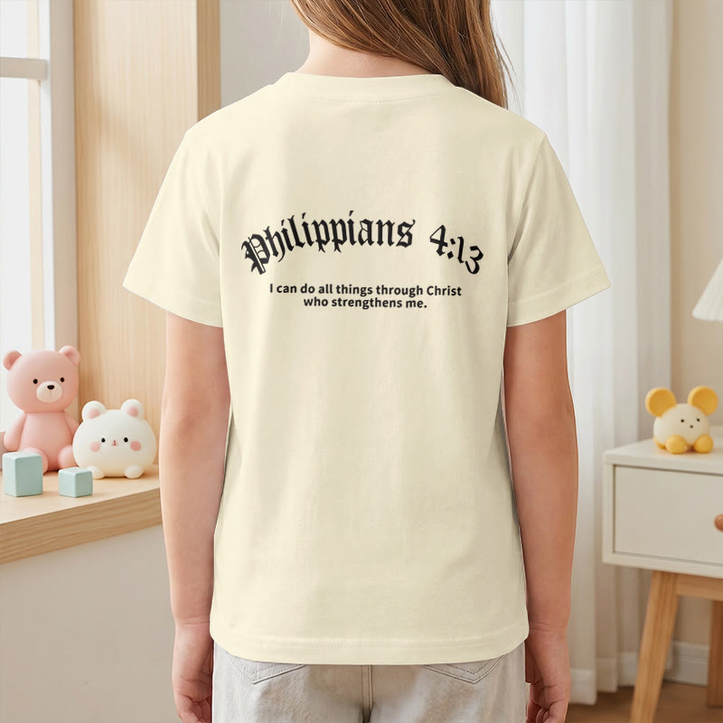 Christianartworkshop Philippians 4:13 Front Chest Cross Back Gothic Font Scripture Kids Short Sleeve T-Shirt - image 8