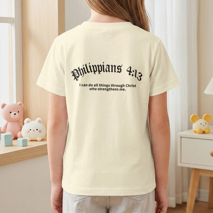 Christianartworkshop Philippians 4:13 Front Chest Cross Back Gothic Font Scripture Kids Short Sleeve T-Shirt - image 8