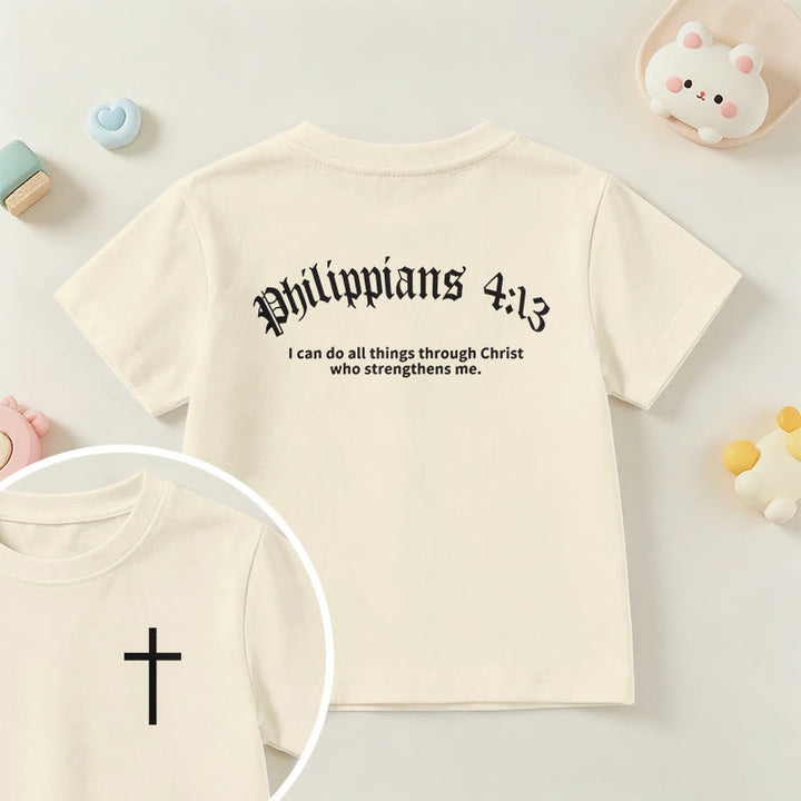 Christianartworkshop Philippians 4:13 Front Chest Cross Back Gothic Font Scripture Kids Short Sleeve T-Shirt - Beige - US/UK/AU 14, EU170 - image 0