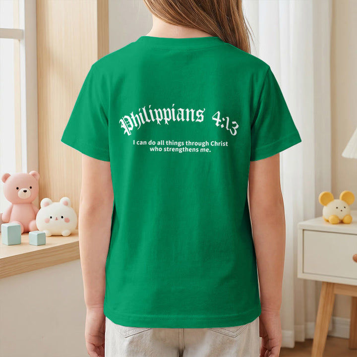 Christianartworkshop Philippians 4:13 Front Chest Cross Back Gothic Font Scripture Kids Short Sleeve T-Shirt - image 80