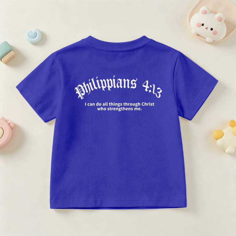 Christianartworkshop Philippians 4:13 Front Chest Cross Back Gothic Font Scripture Kids Short Sleeve T-Shirt - image 87