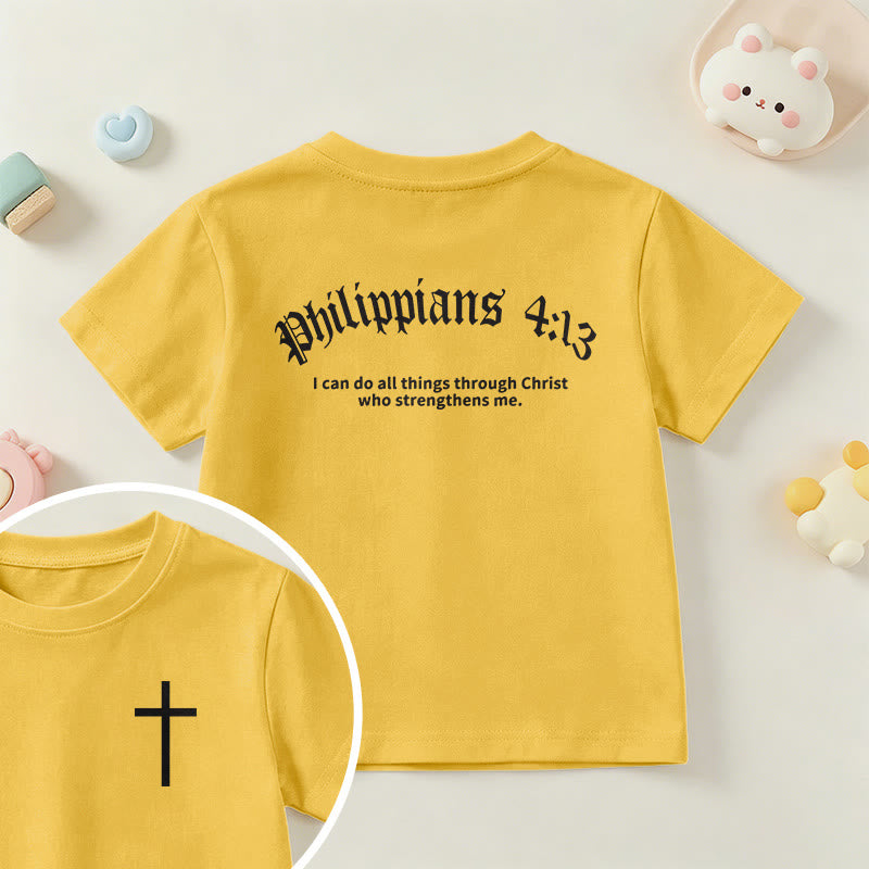 Christianartworkshop Philippians 4:13 Front Chest Cross Back Gothic Font Scripture Kids Short Sleeve T-Shirt - Yellow - US/UK/AU 14, EU170 - image 27