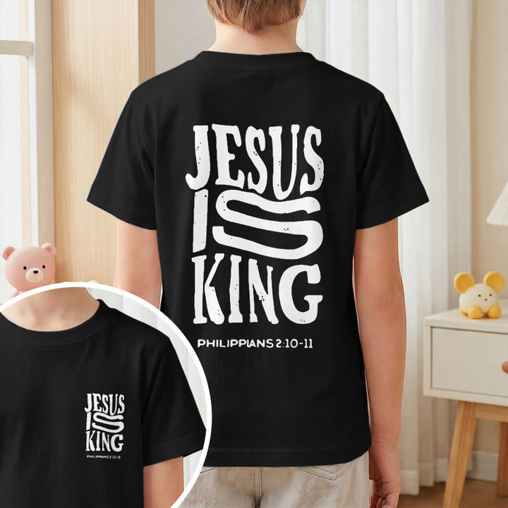 Christianartworkshop "Jesus Is King" Philippians 2:10-11 Distressed Bold Font Front Back Print Kids Short Sleeve T-Shirt - image 37