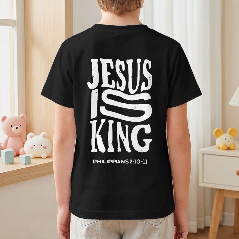 Christianartworkshop "Jesus Is King" Philippians 2:10-11 Distressed Bold Font Front Back Print Kids Short Sleeve T-Shirt - image 43
