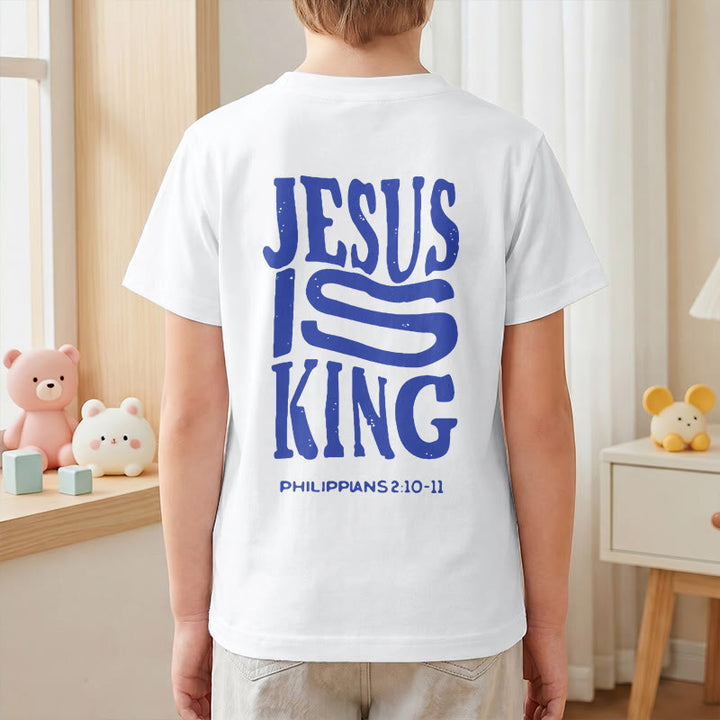 Christianartworkshop "Jesus Is King" Philippians 2:10-11 Distressed Bold Font Front Back Print Kids Short Sleeve T-Shirt - image 16