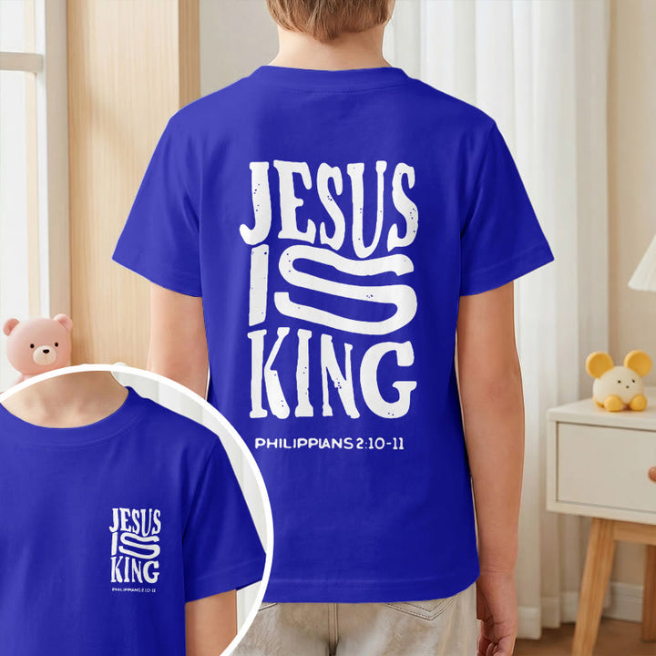 Christianartworkshop "Jesus Is King" Philippians 2:10-11 Distressed Bold Font Front Back Print Kids Short Sleeve T-Shirt - image 82