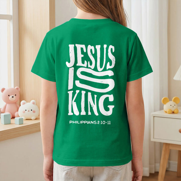 Christianartworkshop "Jesus Is King" Philippians 2:10-11 Distressed Bold Font Front Back Print Kids Short Sleeve T-Shirt - image 80