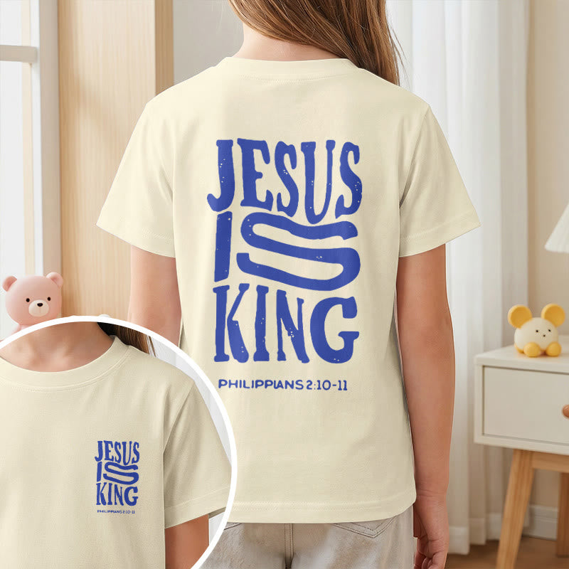 Christianartworkshop "Jesus Is King" Philippians 2:10-11 Distressed Bold Font Front Back Print Kids Short Sleeve T-Shirt - image 2