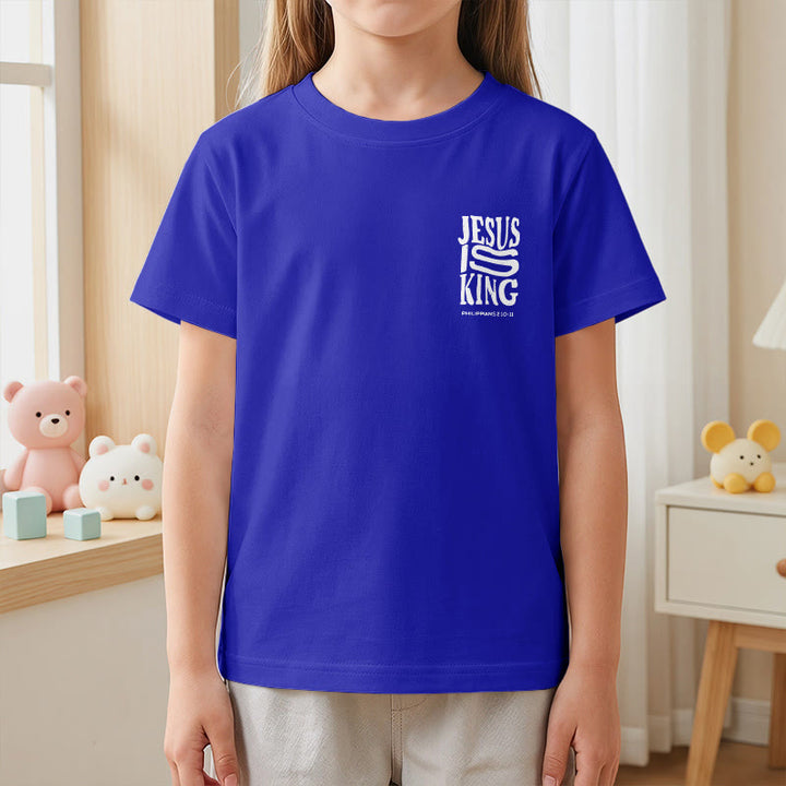 Christianartworkshop "Jesus Is King" Philippians 2:10-11 Distressed Bold Font Front Back Print Kids Short Sleeve T-Shirt - image 86