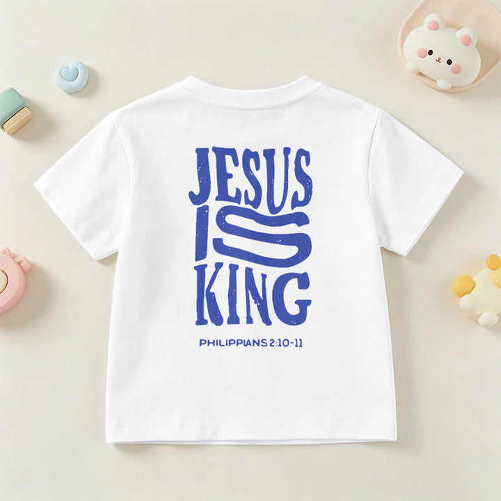 Christianartworkshop "Jesus Is King" Philippians 2:10-11 Distressed Bold Font Front Back Print Kids Short Sleeve T-Shirt - image 15
