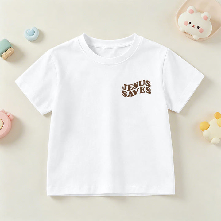 Christianartworkshop Classic "Jesus Saves" Stack Bubble Typography Cross Kids Faith Short Sleeve T-Shirt - image 3