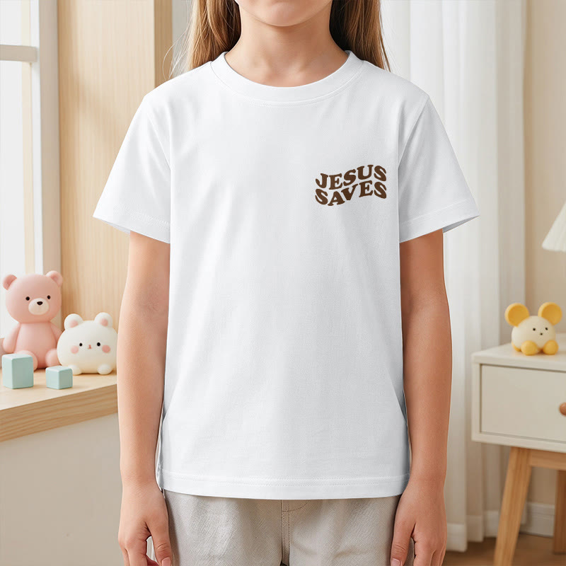 Christianartworkshop Classic "Jesus Saves" Stack Bubble Typography Cross Kids Faith Short Sleeve T-Shirt - image 5