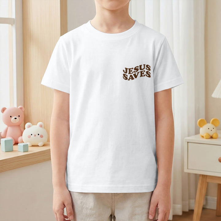 Christianartworkshop Classic "Jesus Saves" Stack Bubble Typography Cross Kids Faith Short Sleeve T-Shirt - image 4