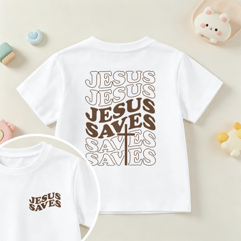 Christianartworkshop Classic "Jesus Saves" Stack Bubble Typography Cross Kids Faith Short Sleeve T-Shirt - White - US/UK/AU 14, EU170 - image 0