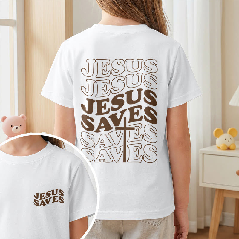 Christianartworkshop Classic "Jesus Saves" Stack Bubble Typography Cross Kids Faith Short Sleeve T-Shirt - image 2