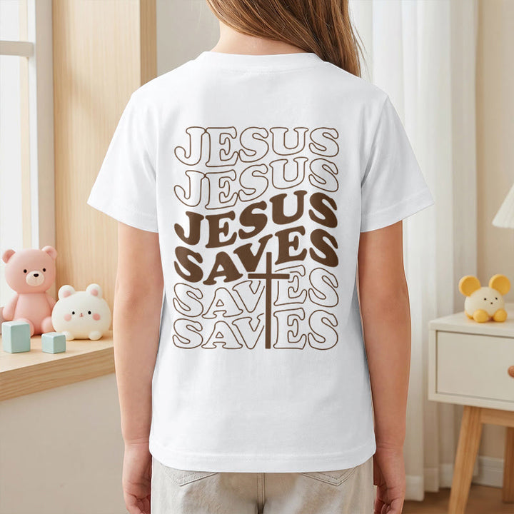 Christianartworkshop Classic "Jesus Saves" Stack Bubble Typography Cross Kids Faith Short Sleeve T-Shirt - image 8