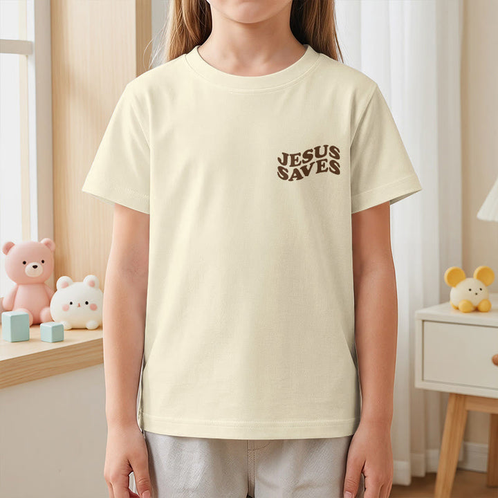 Christianartworkshop Classic "Jesus Saves" Stack Bubble Typography Cross Kids Faith Short Sleeve T-Shirt - image 14