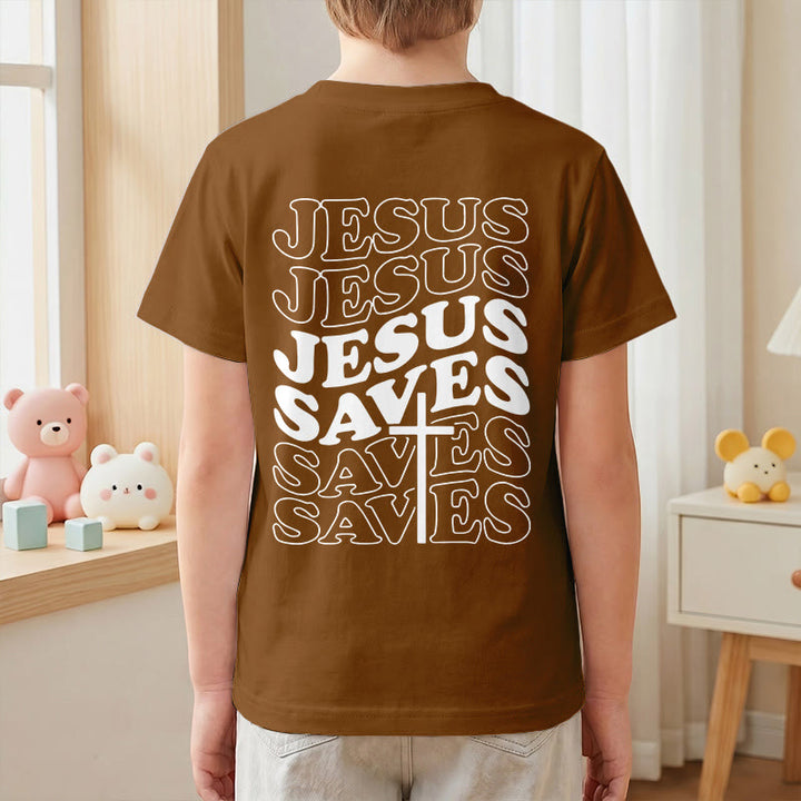 Christianartworkshop Classic "Jesus Saves" Stack Bubble Typography Cross Kids Faith Short Sleeve T-Shirt - image 25