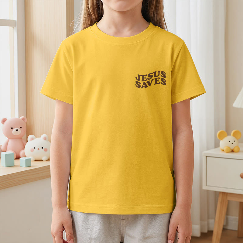 Christianartworkshop Classic "Jesus Saves" Stack Bubble Typography Cross Kids Faith Short Sleeve T-Shirt - image 32
