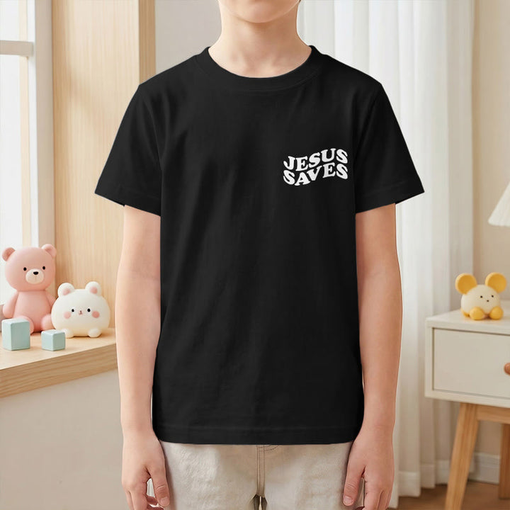 Christianartworkshop Classic "Jesus Saves" Stack Bubble Typography Cross Kids Faith Short Sleeve T-Shirt - image 40