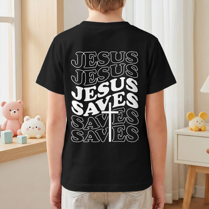 Christianartworkshop Classic "Jesus Saves" Stack Bubble Typography Cross Kids Faith Short Sleeve T-Shirt - image 43