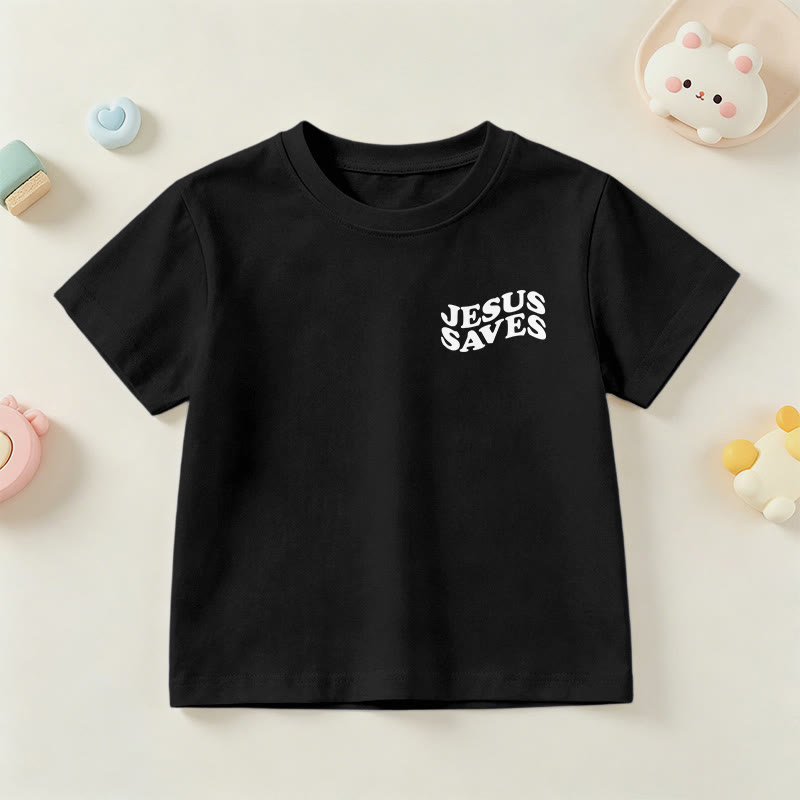 Christianartworkshop Classic "Jesus Saves" Stack Bubble Typography Cross Kids Faith Short Sleeve T-Shirt - image 39