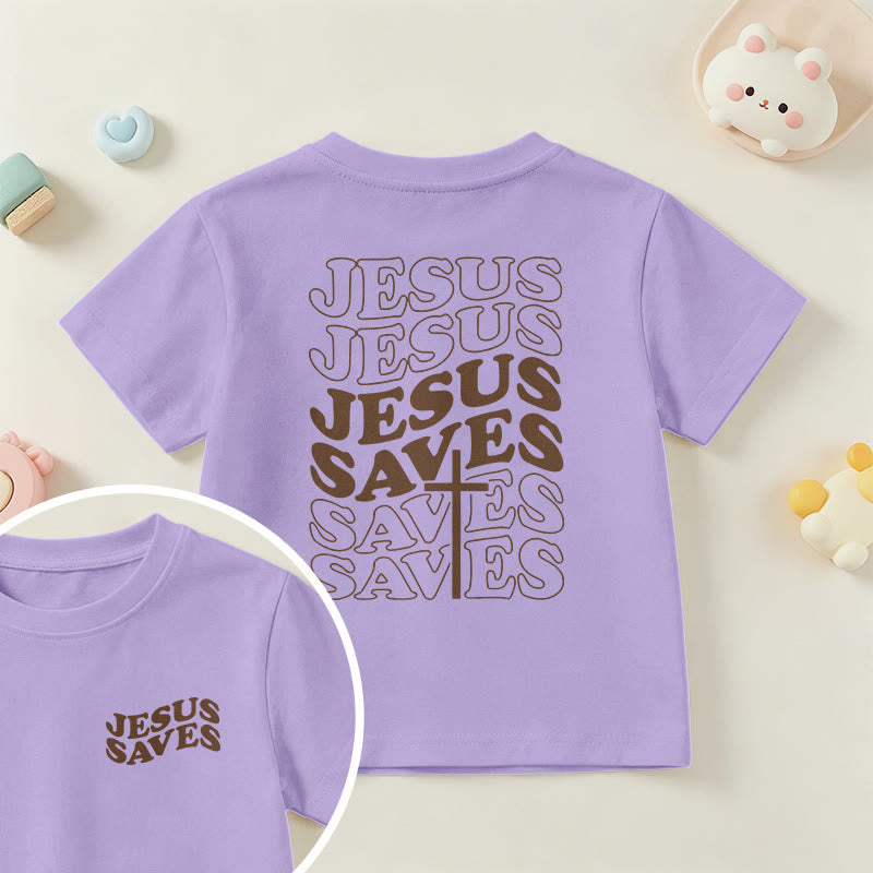 Christianartworkshop Classic "Jesus Saves" Stack Bubble Typography Cross Kids Faith Short Sleeve T-Shirt - Purple - US/UK/AU 14, EU170 - image 45