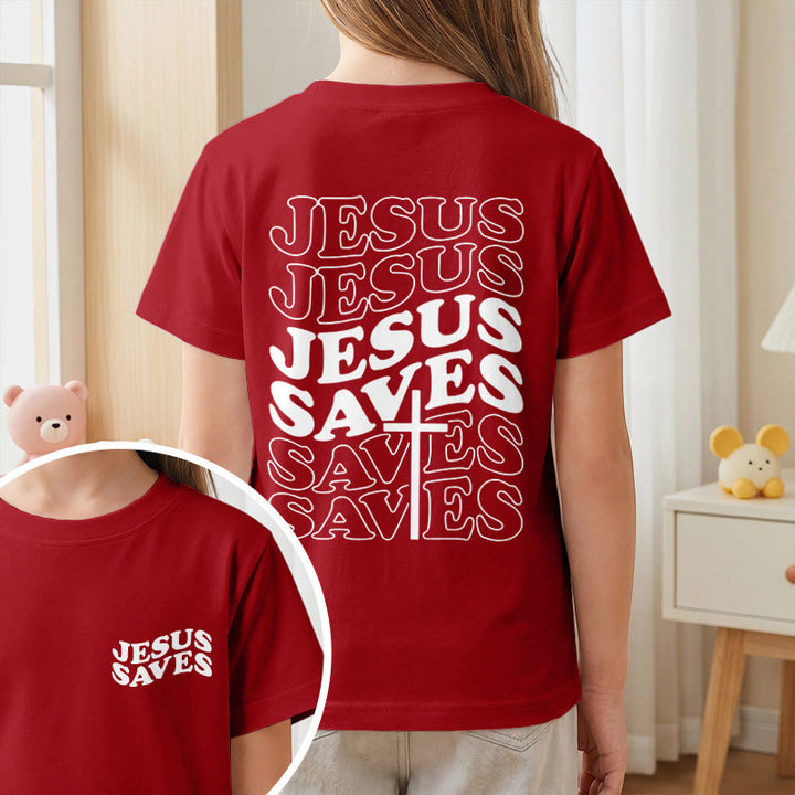 Christianartworkshop Classic "Jesus Saves" Stack Bubble Typography Cross Kids Faith Short Sleeve T-Shirt - image 56