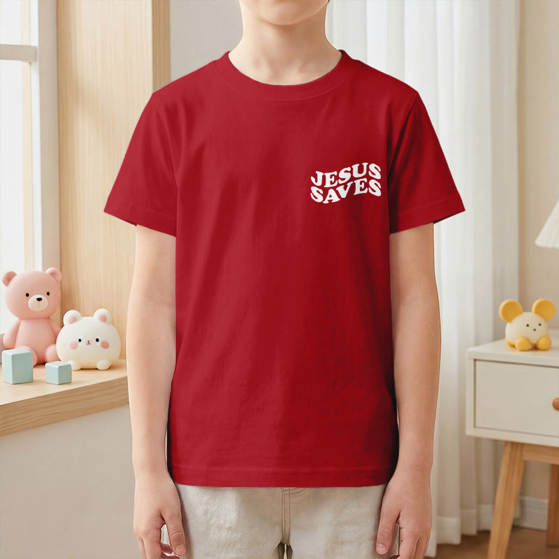 Christianartworkshop Classic "Jesus Saves" Stack Bubble Typography Cross Kids Faith Short Sleeve T-Shirt - image 58