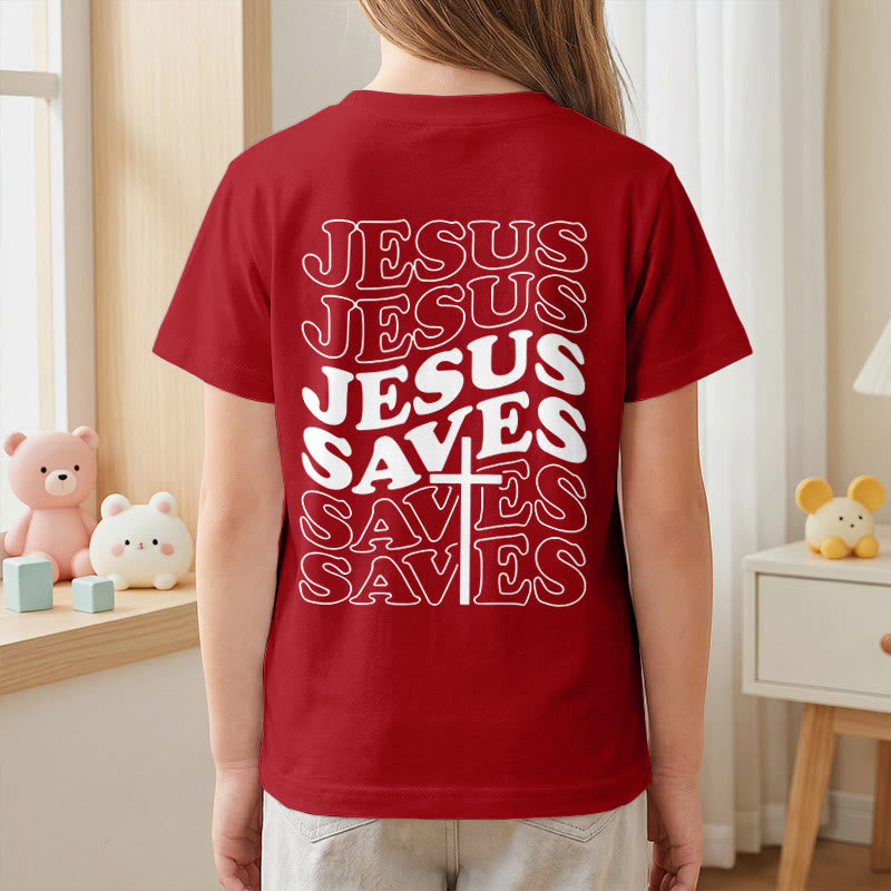 Christianartworkshop Classic "Jesus Saves" Stack Bubble Typography Cross Kids Faith Short Sleeve T-Shirt - image 62