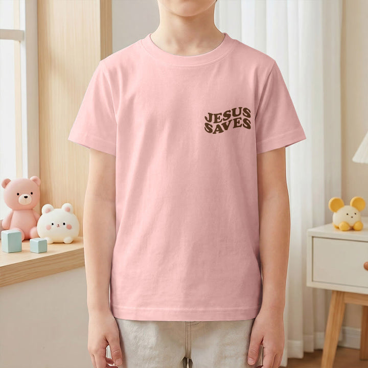 Christianartworkshop Classic "Jesus Saves" Stack Bubble Typography Cross Kids Faith Short Sleeve T-Shirt - image 67