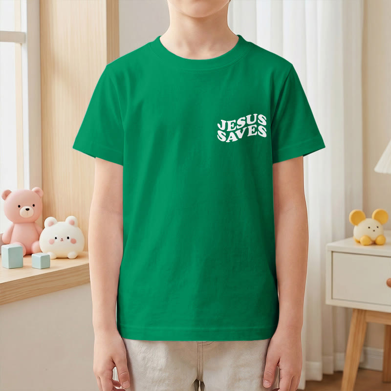 Christianartworkshop Classic "Jesus Saves" Stack Bubble Typography Cross Kids Faith Short Sleeve T-Shirt - image 76