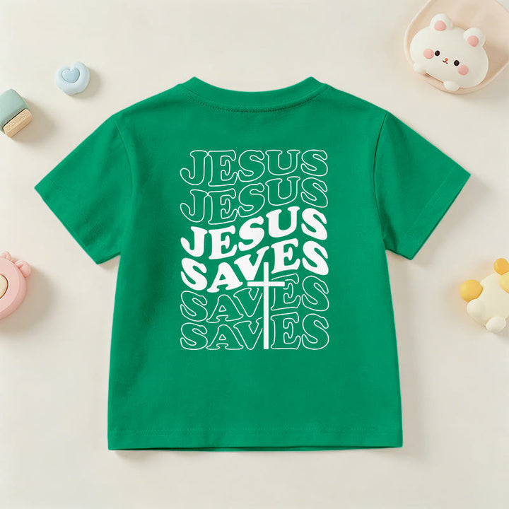 Christianartworkshop Classic "Jesus Saves" Stack Bubble Typography Cross Kids Faith Short Sleeve T-Shirt - image 78