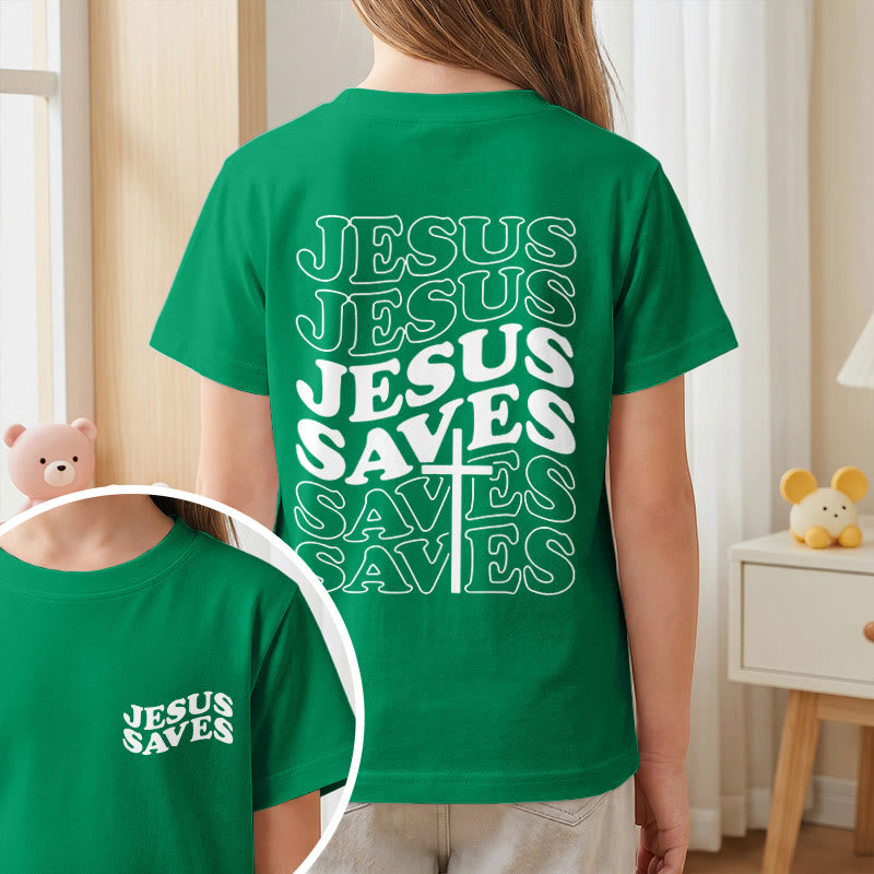 Christianartworkshop Classic "Jesus Saves" Stack Bubble Typography Cross Kids Faith Short Sleeve T-Shirt - image 74