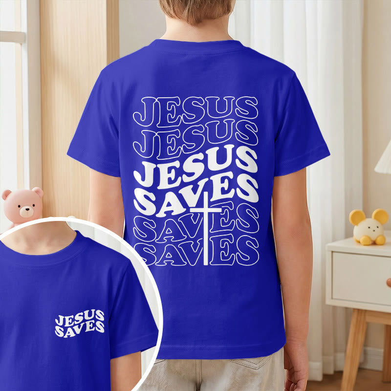 Christianartworkshop Classic "Jesus Saves" Stack Bubble Typography Cross Kids Faith Short Sleeve T-Shirt - image 82
