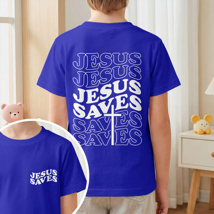 Christianartworkshop Classic "Jesus Saves" Stack Bubble Typography Cross Kids Faith Short Sleeve T-Shirt - image 82