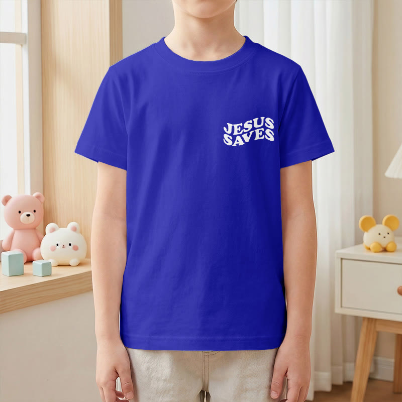 Christianartworkshop Classic "Jesus Saves" Stack Bubble Typography Cross Kids Faith Short Sleeve T-Shirt - image 85