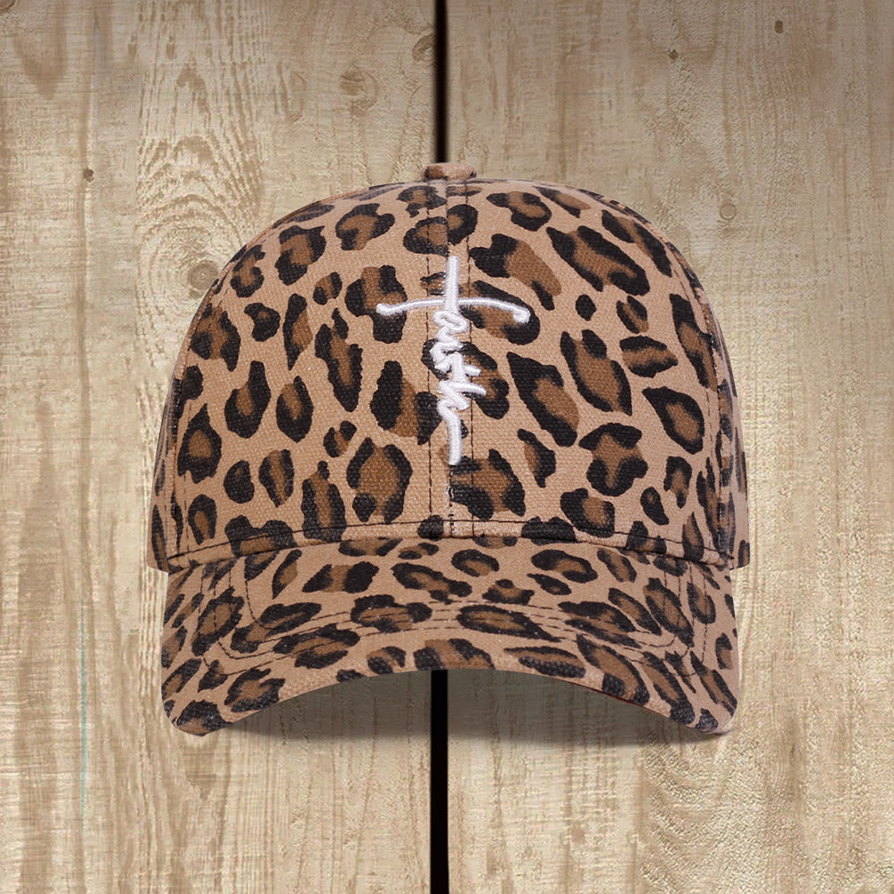 Christianartworkshop Faith Cursive Cross Embroidery Leopard Print Washed Unisex Baseball Cap - image 0