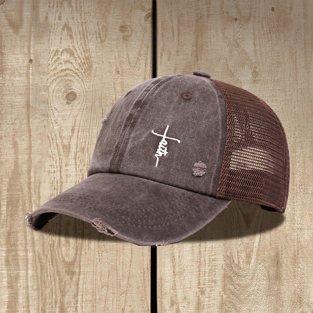 Christianartworkshop Faith Cross Cursive Embroidery Distressed Mesh Back Unisex Trucker Cap - Brown - image 6