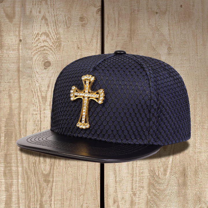 Christianartworkshop Cross Ornament Honeycomb Mesh Flat Brim Unisex Snapback Cap - Navy Blue - image 2