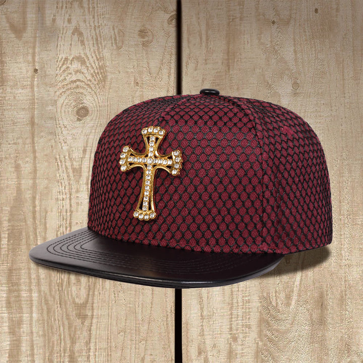 Christianartworkshop Cross Ornament Honeycomb Mesh Flat Brim Unisex Snapback Cap - Burgundy - image 0