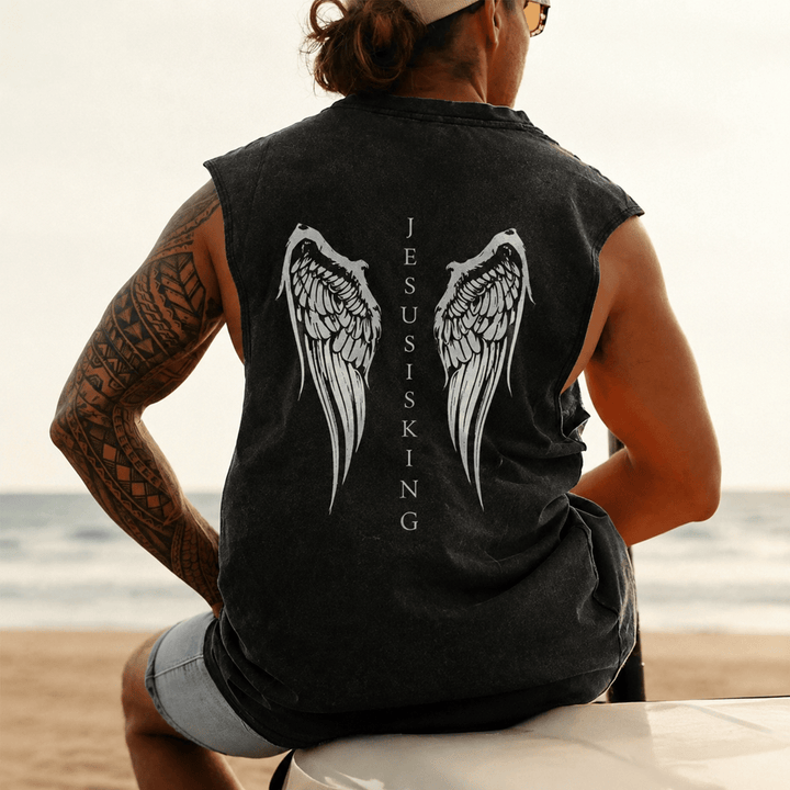 Christianartworkshop Jesus Is King Angel Wings Washed Tank Top - image 0