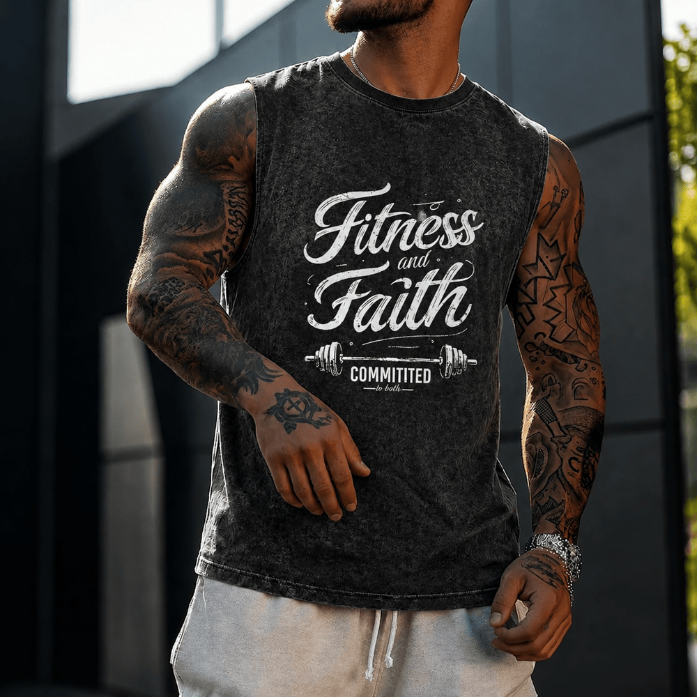 Christianartworkshop Fitness and Faith: Committed to Both Barbell Unisex Washed Tank Top - image 0
