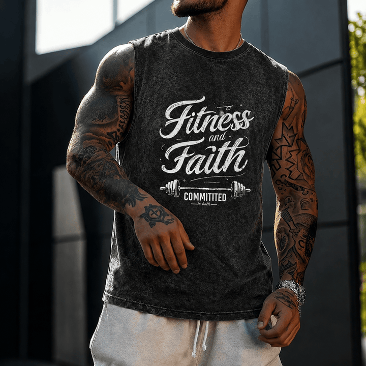 Christianartworkshop Fitness and Faith: Committed to Both Barbell Unisex Washed Tank Top - image 0