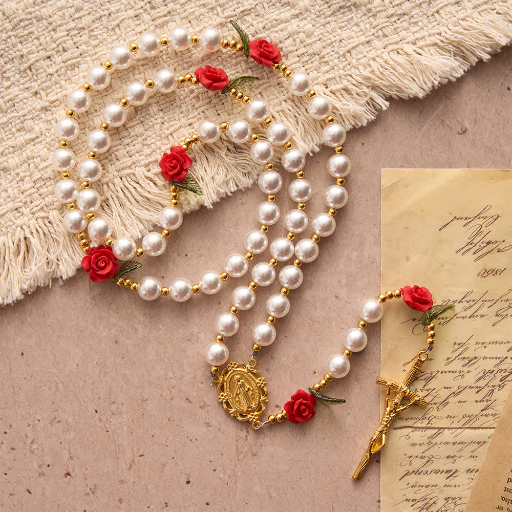 Christianartworkshop Classic Ivory & Red Rose Rosary: Soft Elegant Marian Devotion - Our Lady & Crucifix - image 0