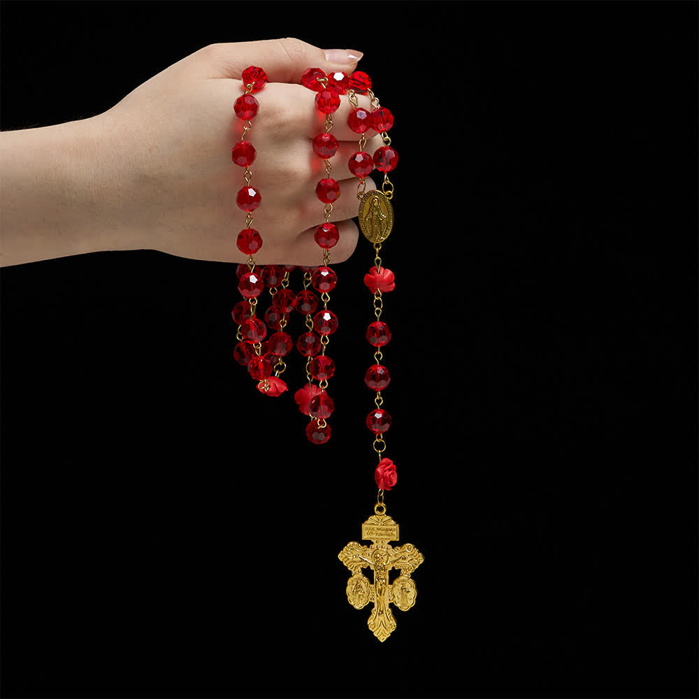 Christianartworkshop Crimson Rose & Red Glass Our Lady Rosary: Sacred Vintage Elegance - image 1