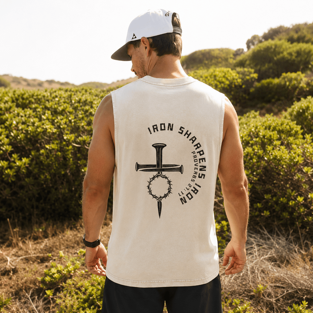 Christianartworkshop Proverbs 27:17 Nail Cross Unisex Washed Tank Top - image 0